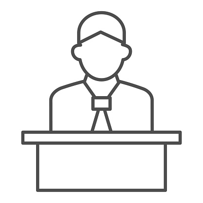 Lecturer behind the podium thin line icon, business presentation concept, Speaker in uniform makes report sign on white background, spokesman behind stand icon in outline style. Vector graphics
