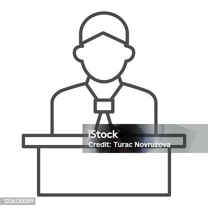 istock Lecturer behind the podium thin line icon, business presentation concept, Speaker in uniform makes report sign on white background, spokesman behind stand icon in outline style. Vector graphics. 1226120209