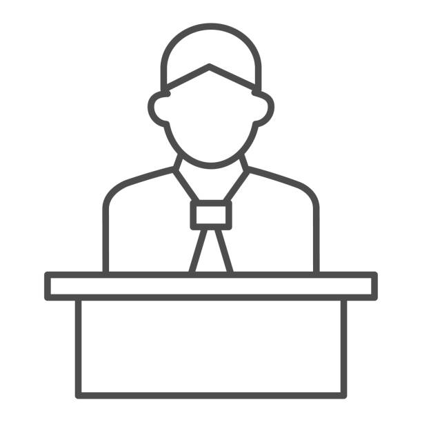 Lecturer behind the podium thin line icon, business presentation concept, Speaker in uniform makes report sign on white background, spokesman behind stand icon in outline style. Vector graphics. Lecturer behind the podium thin line icon, business presentation concept, Speaker in uniform makes report sign on white background, spokesman behind stand icon in outline style. Vector graphics president illustrations stock illustrations