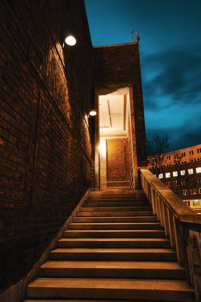 Historic staircase illuminated at night, Oslo, Norway