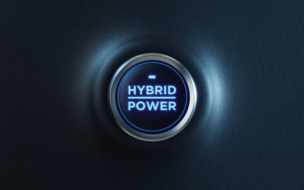 hybrid power geschrieben auto start-taste auf dashboard - hybridauto stock-fotos und bilder