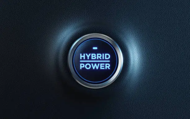 Hybrid power written car start button on dashboard. Horizontal composition with copy space. Front view.
