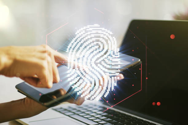 Multi exposure of creative fingerprint hologram with finger presses on a digital tablet on background, personal biometric data concept