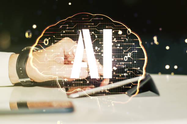 istock Double exposure of creative human brain microcircuit and hand working with a digital tablet on background. Future technology and AI concept 1226125760