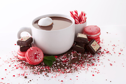 Holiday Hot coco, candy canes, mints and peppermint macarons.