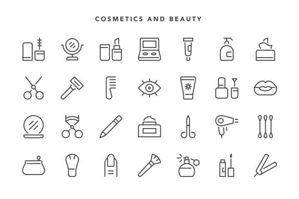 illustrazioni stock, clip art, cartoni animati e icone di tendenza di icone cosmetiche e di bellezza - manicure make up brush razor beauty