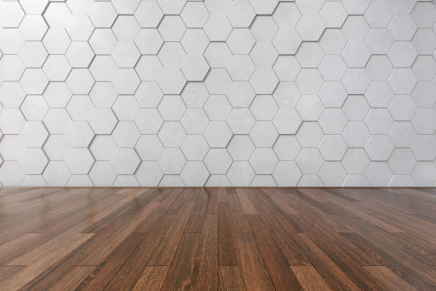 istock 3D rendering of hexagon concrete wall in modern interior with wooden floor, interior architecture with minimal concept 1226130037