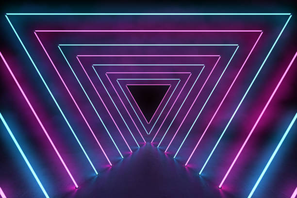 istock Ultraviolet 3D neon light background with triangle tunnel in concrete floor and cement wall, 3d rendering of holographic technology for virtual reality pink cyan spectrum 1226130052