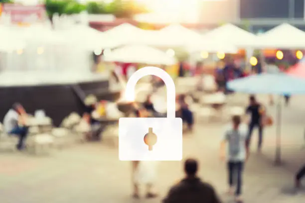 Photo of Unlock of business concept with blurred photo of food exhibition fair with many people at twilight time.