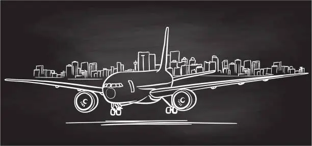 Vector illustration of Airplane Grounded City View Chalkboard