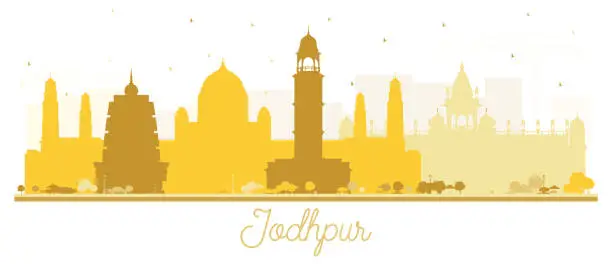 Vector illustration of Jodhpur India City Skyline Silhouette with Golden Buildings Isolated on White.