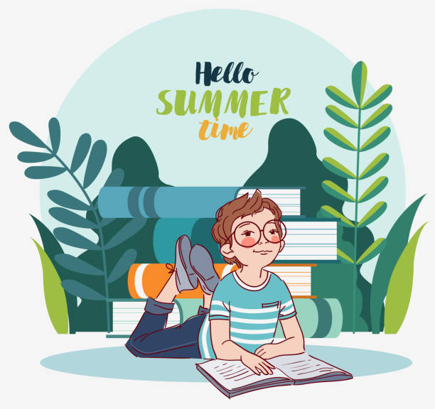 Little, cute boy reading a book in the garden. Nature landscape background. Summer holidays illustration. Vacation time Little, cute boy reading a book in the garden. Nature landscape background. Summer holidays illustration. Vacation time kids reading clipart stock illustrations