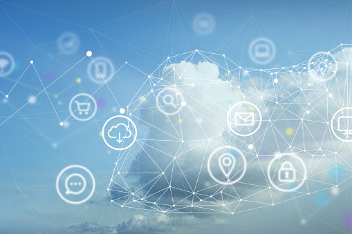 Internet and Cloud Computing Concept with Network Graphics and Technology Icons Floating in Sky with Clouds.