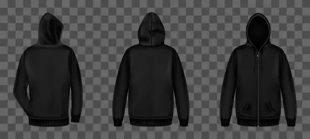 Vector illustration of Black sweatshirt with zipper front and back view