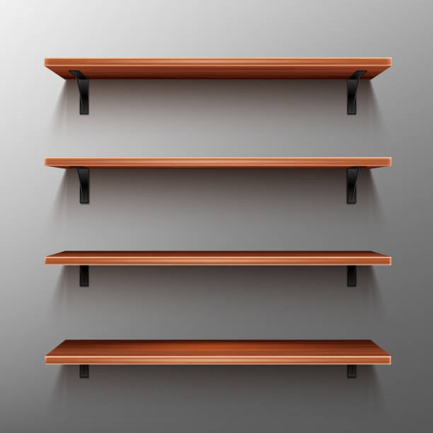 ilustrações de stock, clip art, desenhos animados e ícones de empty wooden shelves on gray wall - shelf bookshelf store empty