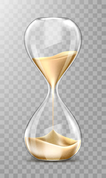 Vector realistic hourglass, transparent sand clock Sand hourglass, glass timer with falling golden grains. Vector realistic sand clock isolated on transparent background. Vintage watch for countdown hour or minutes. Running time or deadline concept hourglass stock illustrations