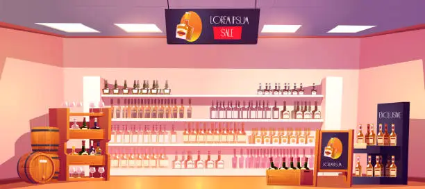 Vector illustration of Alcohol shop with bottles on shelves and barrels