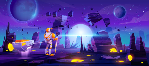 Astronaut on alien explore planet in far galaxy Astronaut on alien planet in far galaxy. Cosmonaut in suit and helmet holding staff and pull anti-gravity truck with glowing artefact. Spaceman stranger explore outer space cartoon vector illustration alien planet stock illustrations