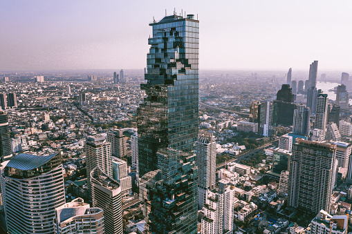 Aerial view of Sathorn district during covid lockdown quarantine in Bangkok, Thailand, South East Asia