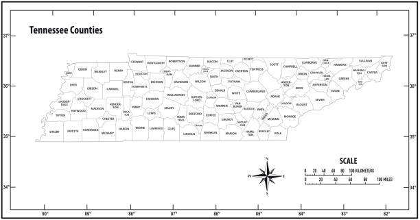 テネシー州は、白黒で行政と政治ベクトルマップを概説 - national border点のイラスト素材／クリップアート素材／マンガ素材／アイコン素材