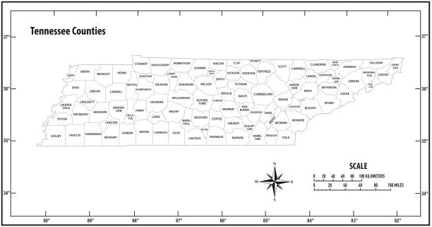штат теннесси наметить административный и политический вектор карты в черно-белом - tennessee stock illustrations