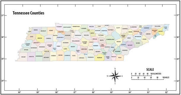 Tennessee state outline administrative and political vector map in color Tennessee state outline administrative and political vector map in color tennessee stock illustrations