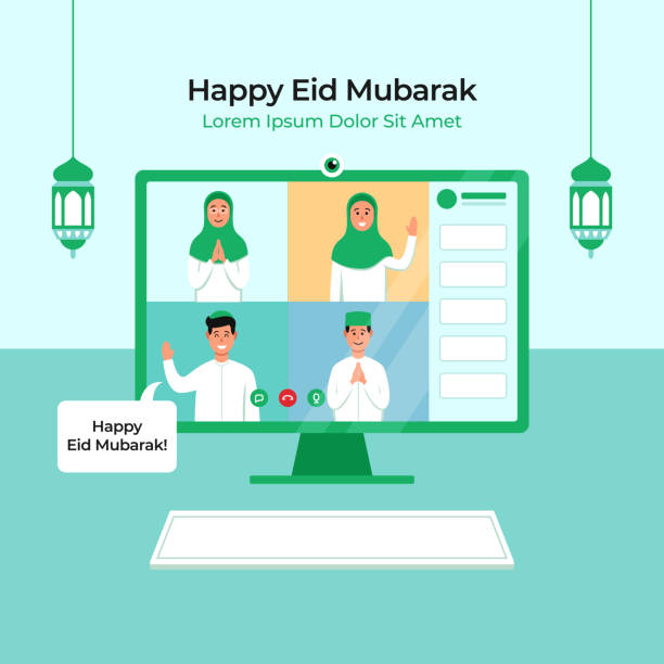Tele conference for eid fitr mubarak celebration during physical distancing covid pandemic. Group muslim people video call vector illustration Tele conference for eid fitr mubarak celebration during physical distancing covid pandemic. Group muslim people video call vector illustration hari raya family stock illustrations