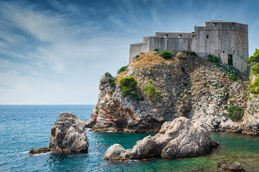 Historic Lovrijenac Fortress or St. Lawrence Fortress on top of a Rock 37m above sealevel at the adriatic Seaside of Dubrovnik outside the western wall of the city of Dubrovnik. Often called \