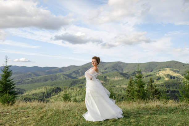 istock The bride herself poses on a background of mountains. 1226141335