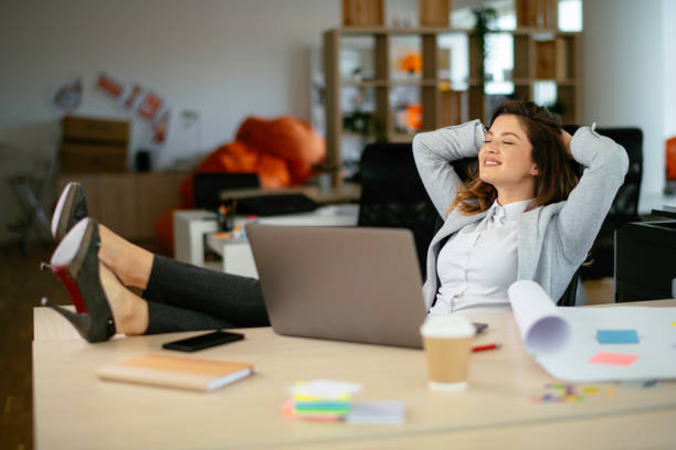istock Happy businesswoman finished her work. 1226146819