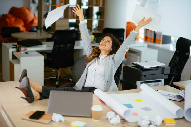 istock Happy businesswoman finished her work. 1226146832