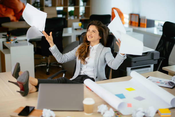 istock Happy businesswoman finished her work. 1226147358