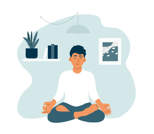 Stay at home concept with man practicing yoga and meditation Young man with closed eyes staying home, enjoying meditation. Boy practicing yoga, mindfulness, breath control. Guy in crossed legs pose relax sitting on floor. Healthy lifestyle vector illustration. meditation room stock illustrations