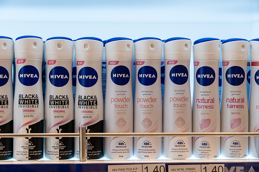 Muscat, Oman - january 19, 2020 : Nivea department at the duty-free shop at the Muscat international airport, Oman. Nivea global skin and body care brand owned by the German company Beiersdorf