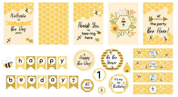 Bee party template set Bee baby shower invitations Cute kids party event Sweet honey bee day garland vector elements Bee party set. Sweet bee day card templates for baby shower, kids party, birthday, children event. Welcome, thank you. Bee day garland, cupcake toppers. Cute printable bee banner. Vector illustration. bee patterns stock illustrations