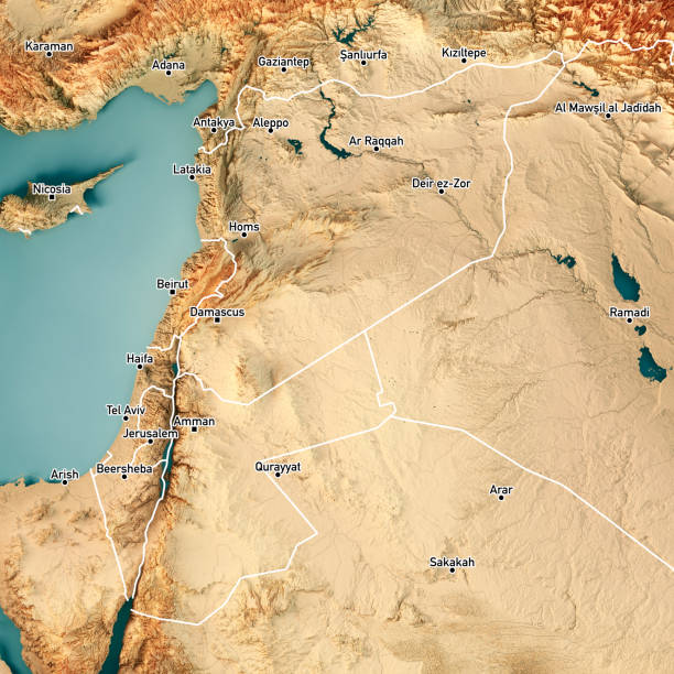 Jordan Syria 3D Render Topographic Map Color Border Cities