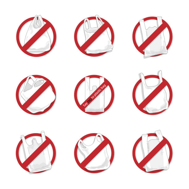 ilustrações, clipart, desenhos animados e ícones de diga não aos sacos plásticos. proibição de assinar sacos plásticos. definir vetor isolado em branco. conceito de problema de poluição. - recycling symbol recycling symbol religious icon