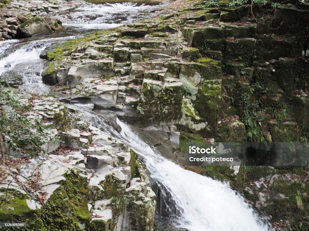 Water running between rocks. Akame Shijuhachi Taki waterfalls, Nabari City, Mie Prefecture, Japan. Akame Shijyuhachi Stock Photo