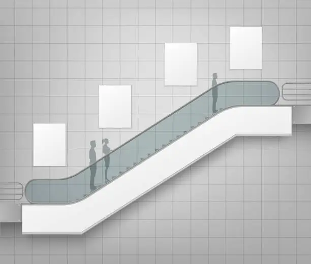 Vector illustration of Vector Modern Escalator with Place for Advertising Side view Isolated on Office Mall Shopping Center Business Building Interior Background