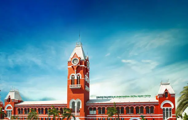 Puratchi Thalaivar Dr. MGR Central railway station,CHENNAI CENTRAL RAILWAY STATION, INDIA, TAMILNADU beautiful view day light blue say