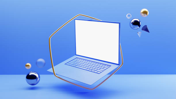 istock Gold frame with laptop. Blank screen for mock-up. 3D render 1226153476