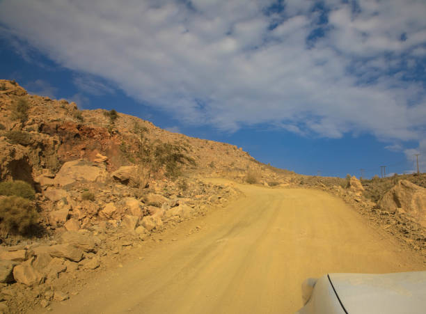 un sentiero si snoda al centro di un paesaggio arido costituito da rocce e ghiaia. questo sentiero sembra condurre verso alte montagne nel sultanato dell'oman. - dirt road road desert road gravel foto e immagini stock