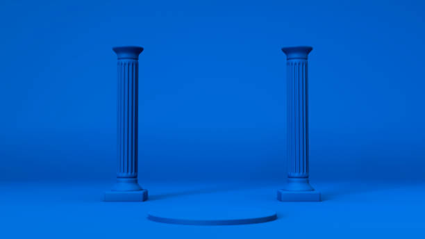 istock Greek 3d display, podium pedestal illustration, minimalist studio room. Pillar column monuments, platform stage, classic blue color. Showcase empty mockup stand concept, modern design elements. 1226162514
