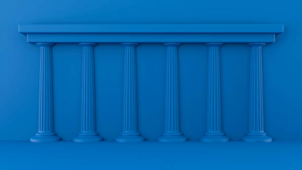 istock Classic Greek pillars background, 3d illustration. Empty studio room, classic blue color, minimalist interior with space for text. Roman pillar architecture, retro geometric decor template. 1226162548