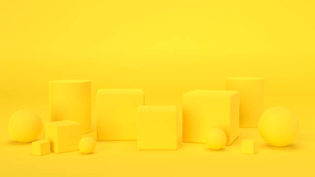 창조적 인 전시 전시 구성, 현대 활기찬 노란색, 스튜디오 룸 인테리어 디자인. 모형, 정면 보기, 미니멀 한 기하학적 3d 그림을 전시하십시오. 추상 플랫폼 상자, 공. - yellow box 뉴스 사진 이미지