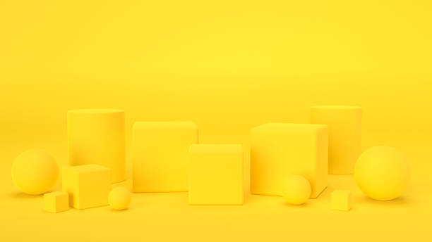 Creative exhibition display composition, modern vibrant yellow color, studio room interior design. Showcase mockup, front view, minimalist geometric 3d illustration. Abstract platform boxes, balls.