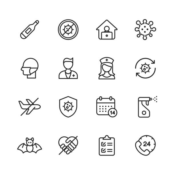 Coronavirus Line Icons. Editable Stroke. Pixel Perfect. For Mobile and Web. Contains such icons as Thermometer, Virus Outbreak, Remote Work, Virus, Face Mask, Doctor, Nurse, Travel Ban, Herd Immunity, Quarantine, Bat, Social Distancing, Telemedicine. 16 Coronavirus Outline Icons. Thermometer, Virus Outbreak, Remote Work, Virus, Face Mask, Doctor, Nurse, Travel Ban, Herd Immunity, Quarantine, Sanitizer, Bat, Social Distancing, Checklist, Telemedicine. antiviral drug stock illustrations