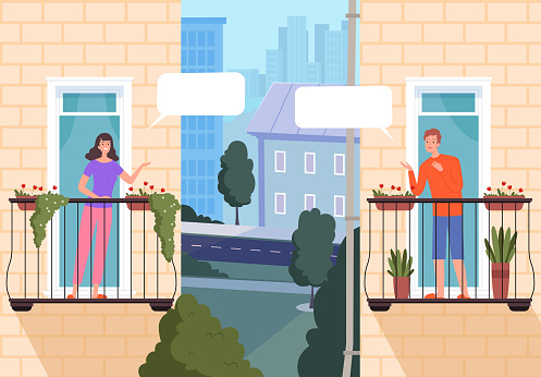 Neighbourhood houses. Friends looking out of windows and speaking urban modern building with balcony and outdoor windows with curtains. Vector landscape balcony and window neighborhood illustration