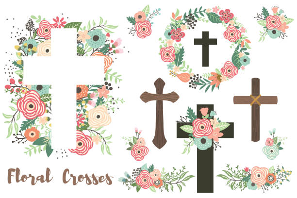 illustrations, cliparts, dessins animés et icônes de un vecteur d’éléments de croix florales ensemble - croix