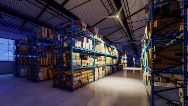 다양한 크기의 골판지 상자가 쌓인 창고의 야간 렌더링 - sky business warehouse window 뉴스 사진 이미지